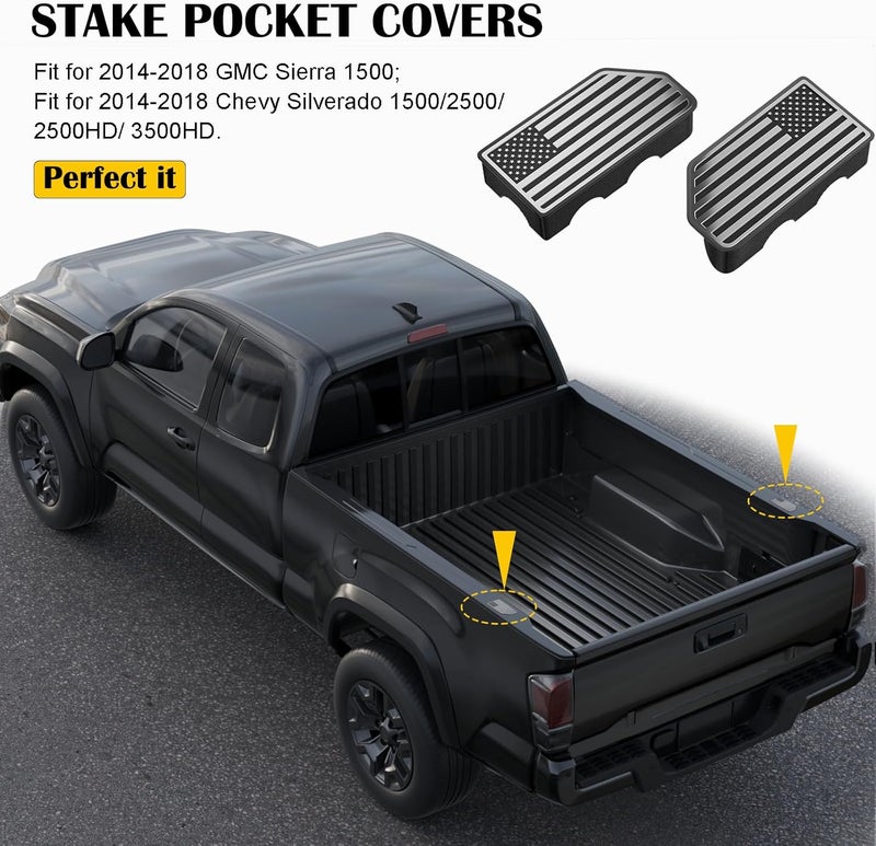 OGYE American Flag Stake Pocket Covers for 2014-2018 GMC Sierra 1500,Chevy Silverado 1500/2500/2500HD/3500 Truck Bed Rail Stake Odd Shaped Hole Plugs Caps (Chrome, 2-Pack) - Image 2